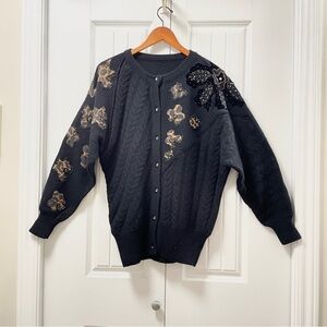 Vintage Made in Italy Wool Cardigan with Animal Print Accents Black